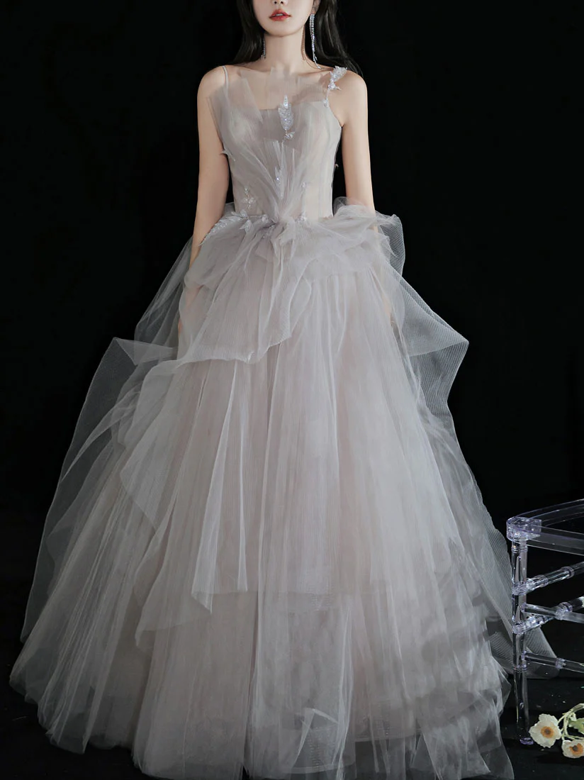 Light Gray Tulle Lace Long Prom Dress, Tulle Lace Formal Dress - Deanwangkt