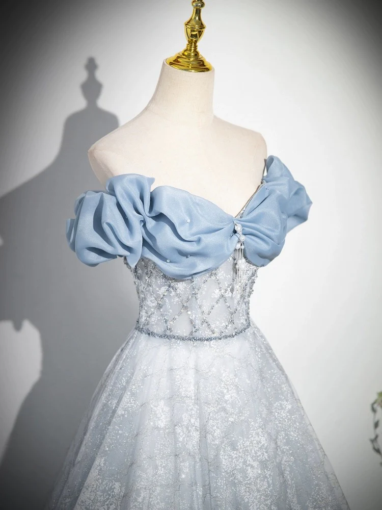 A-Line Off Shoulder Tulle Lace Beads Blue Long Prom Dress, Blue Long Formal Dress - Deanwangkt
