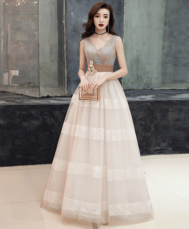 Unique V Neck Tulle Lace Long Prom Dress Tulle Lace Formal Dress - Deanwangkt