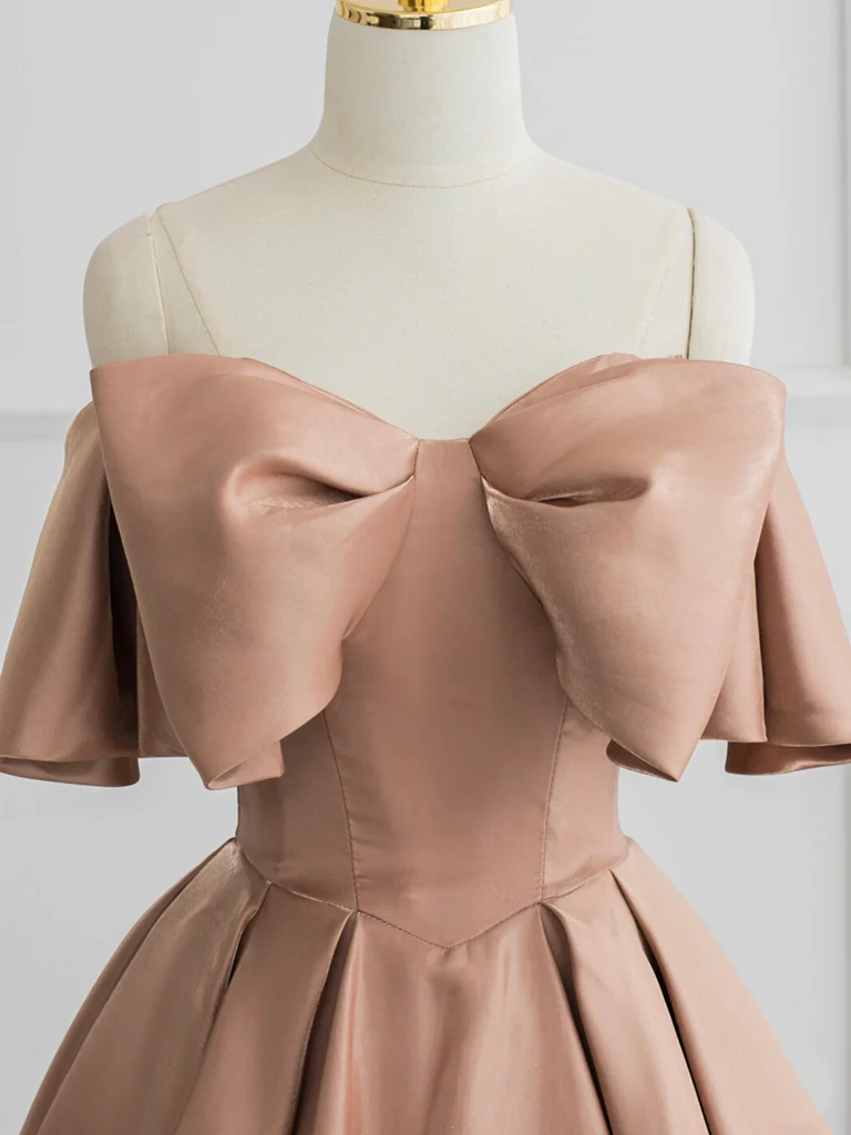 Champagne A-Line Off Shoulder Satin Long Prom Dress, Champagne Formal Dress - Deanwangkt