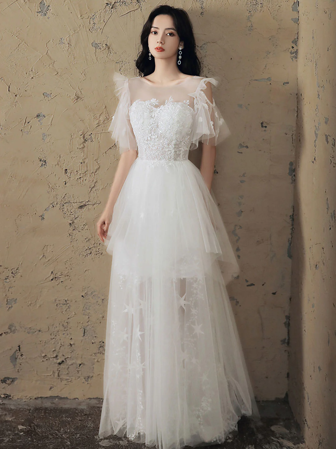 A line Lace White Long Prom Dresses, White Formal Dresses - Deanwangkt