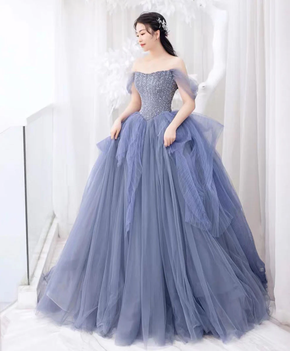 Blue Sweetheart Neck Tulle Beads Sequin Long Prom Dress,Blue Graduation Dress - Deanwangkt