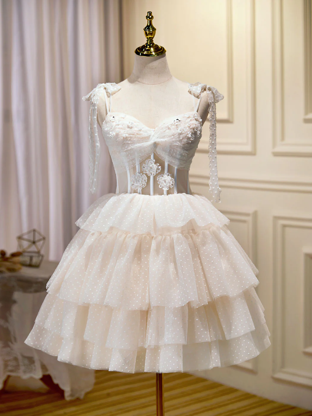 Champagne Mini/Short Prom Dress, Puffy Cute Homecoming Dress With Lace - Deanwangkt