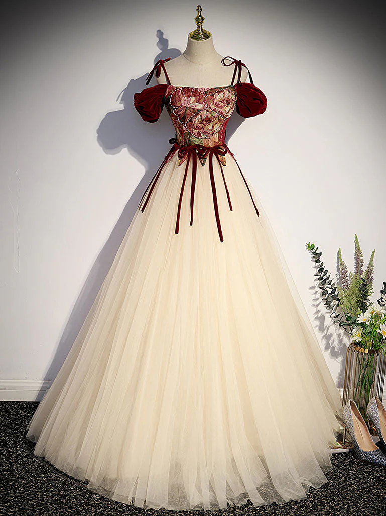 A line Champagne Long Prom Dresses, Champagne Formal Gown With Beading Velvet - Deanwangkt