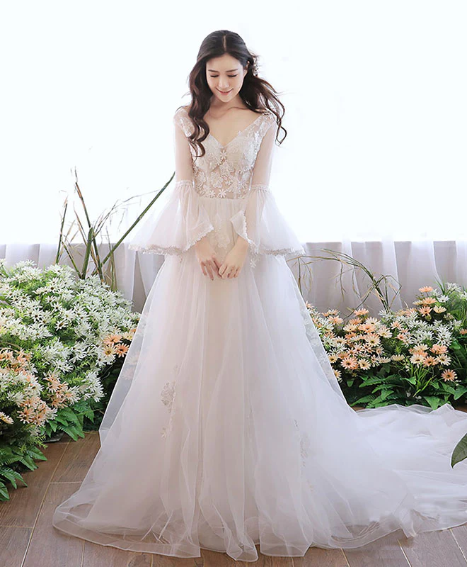 White V Neck Tulle Lace Long Prom Dress, White Evening Dress - Deanwangkt