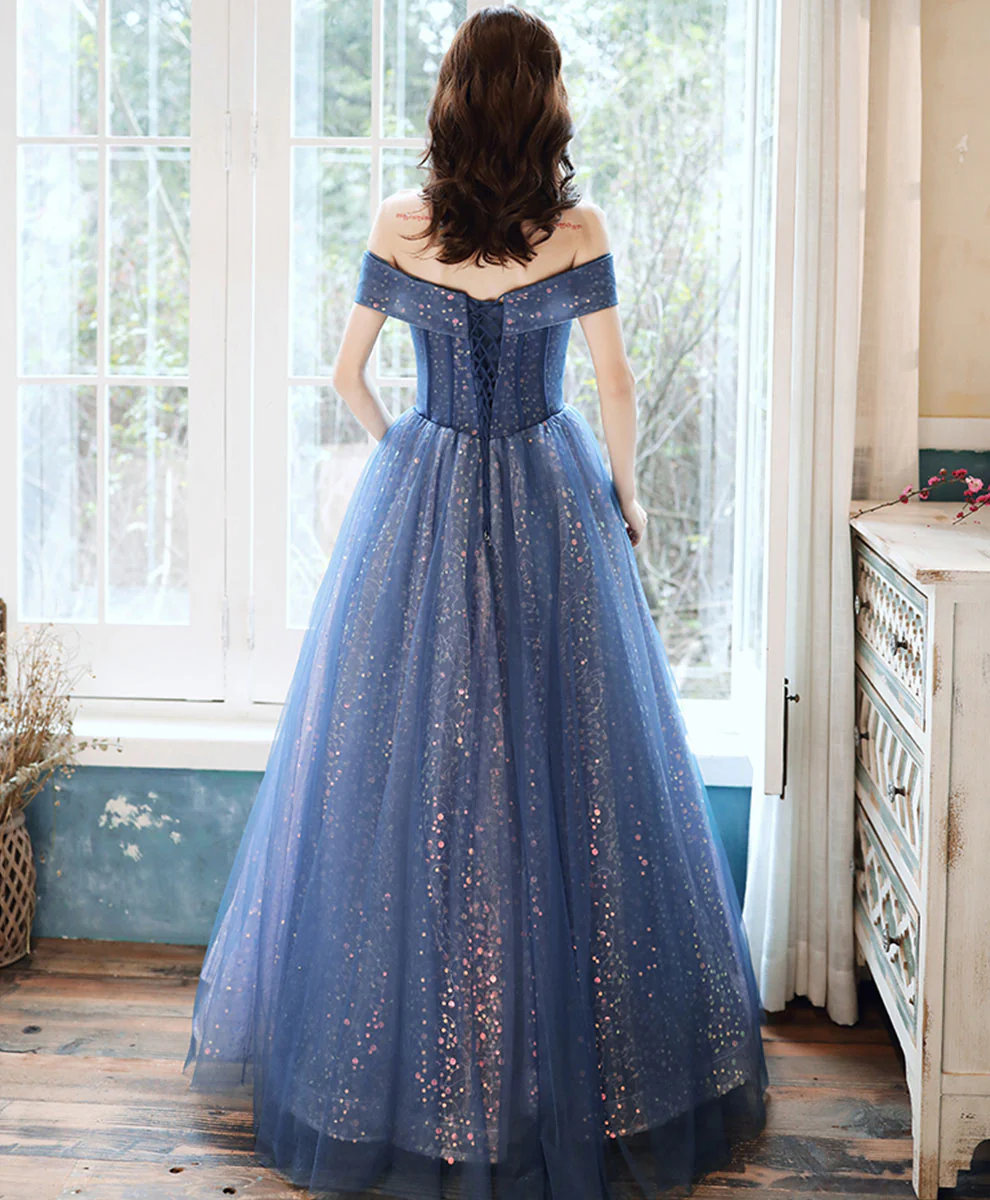 Blue Tulle Off Shoulder Long Prom Dress, Shiny Blue Formal Evening Dress - Deanwangkt
