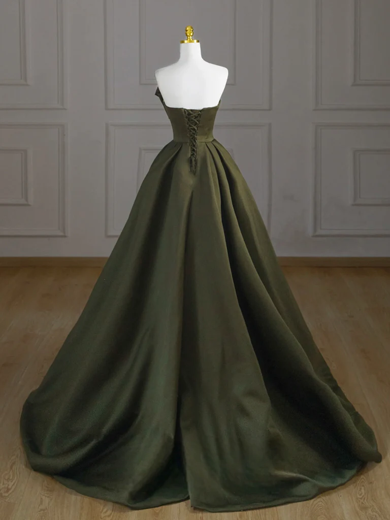 A-Line V Neck Satin Green Long Prom Dress, Green Long Formal Dress - Deanwangkt