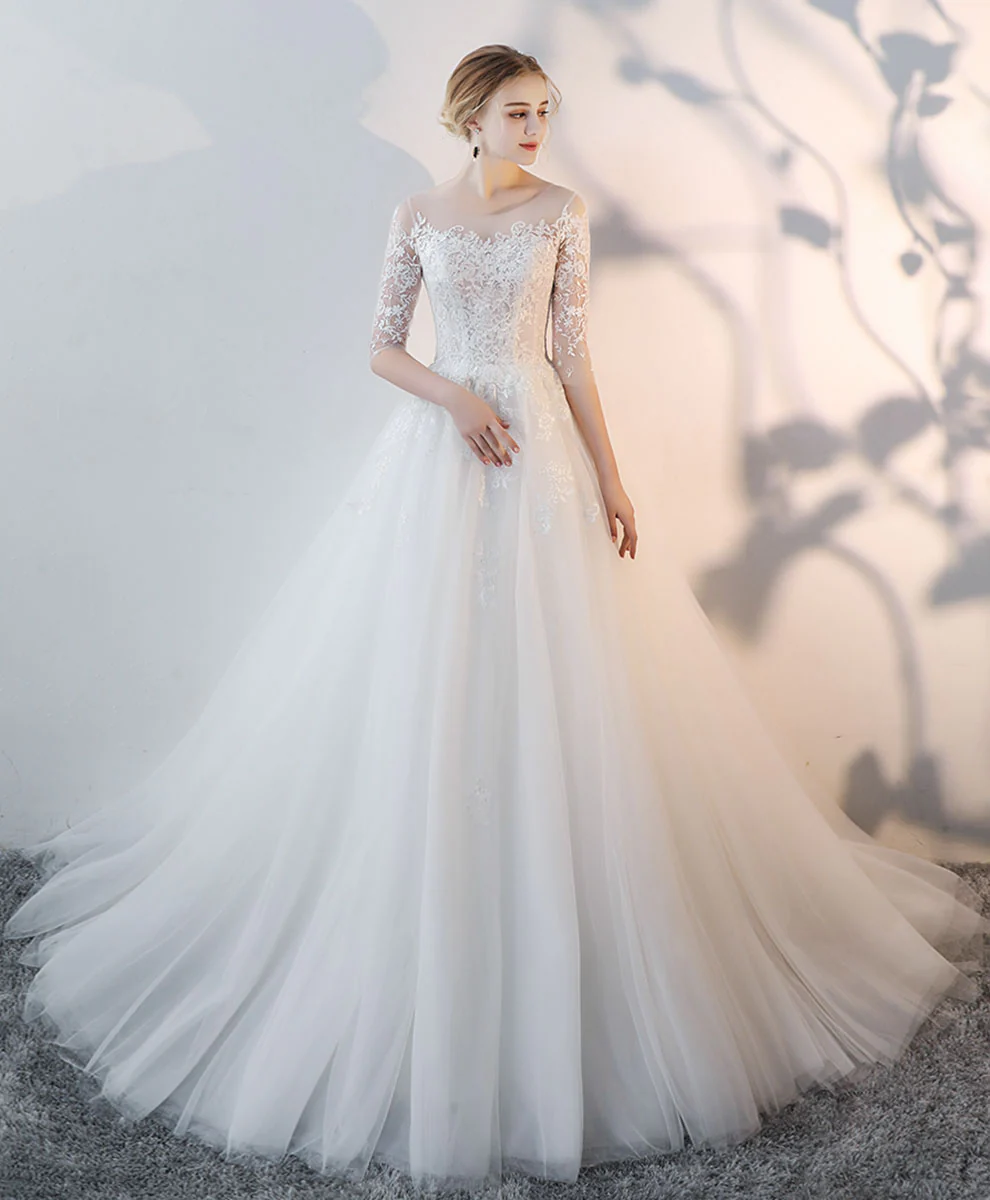 White Round Neck Tulle Lace Long Bridal Gown Lace Wedding Dress - Deanwangkt