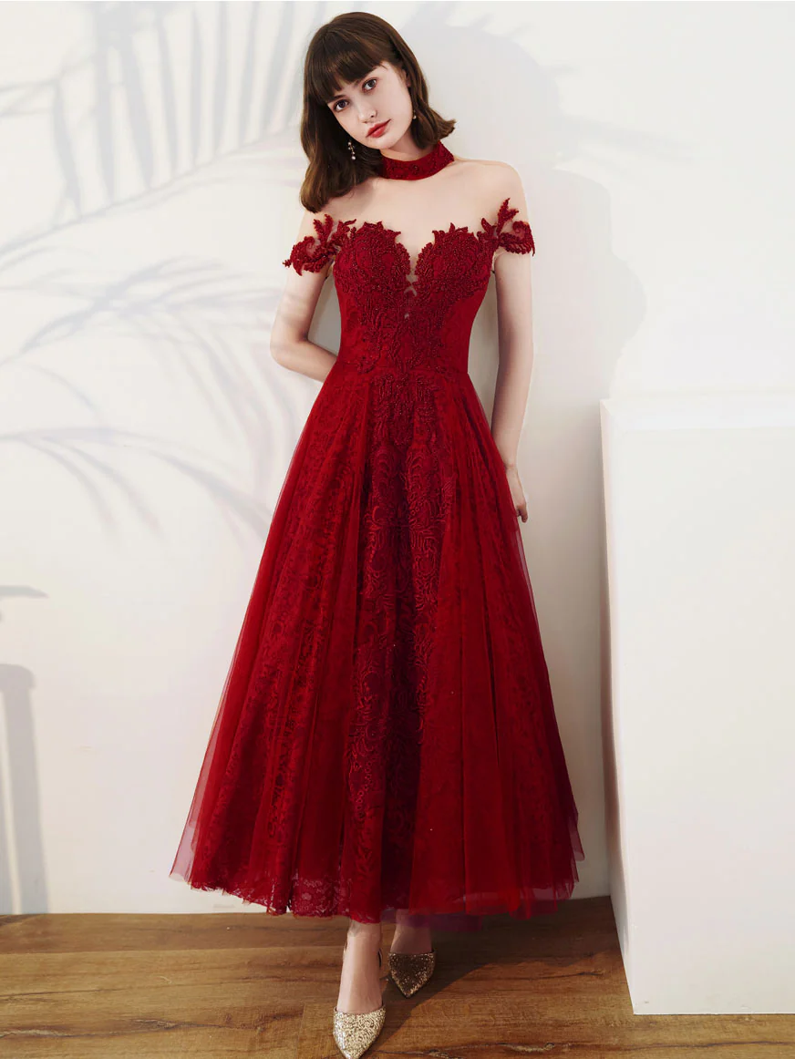 Burgundy Tulle Lace Tea Length Prom Dress, Burgundy Evening Dress - Deanwangkt