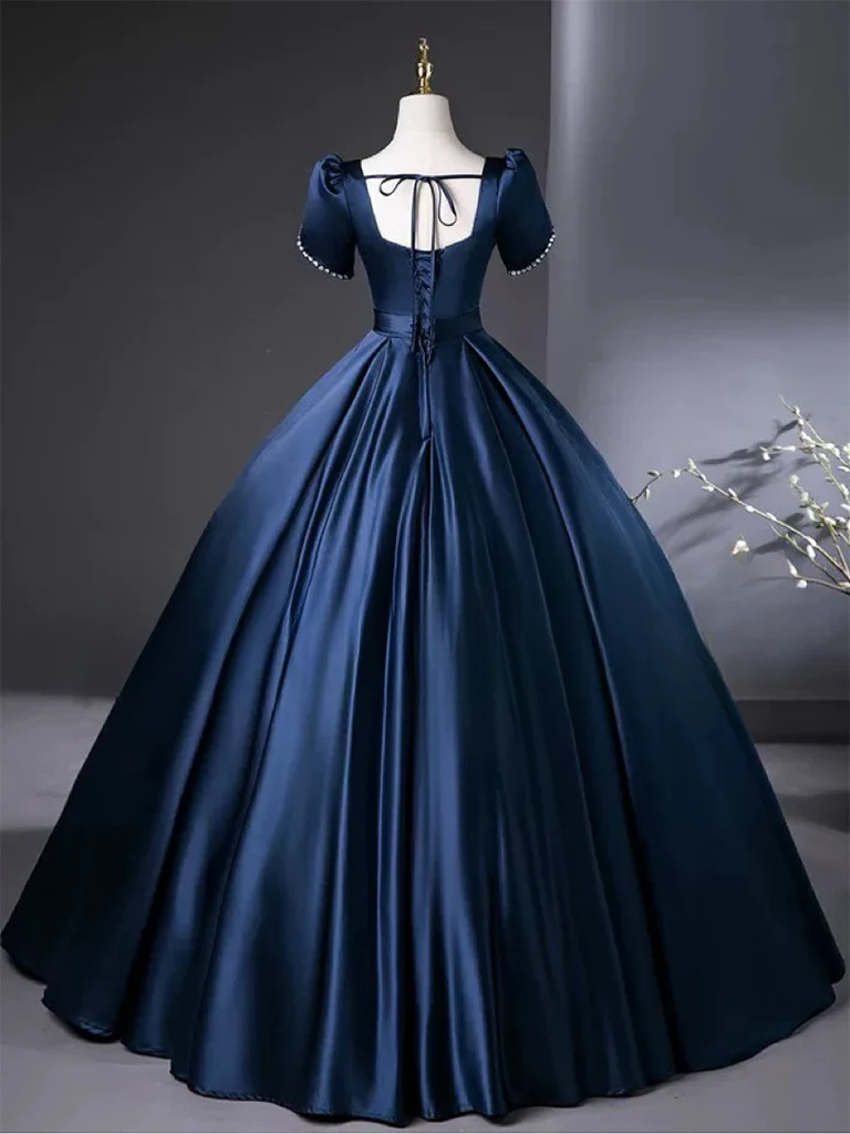 A-Line Satin Dark Blue Long Prom Dress, Dark Blue Long Formal Dress - Deanwangkt