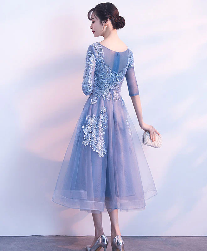 Blue Round Neck Tulle Lace Short Prom Dress, Blue Homecoming Dress - Deanwangkt