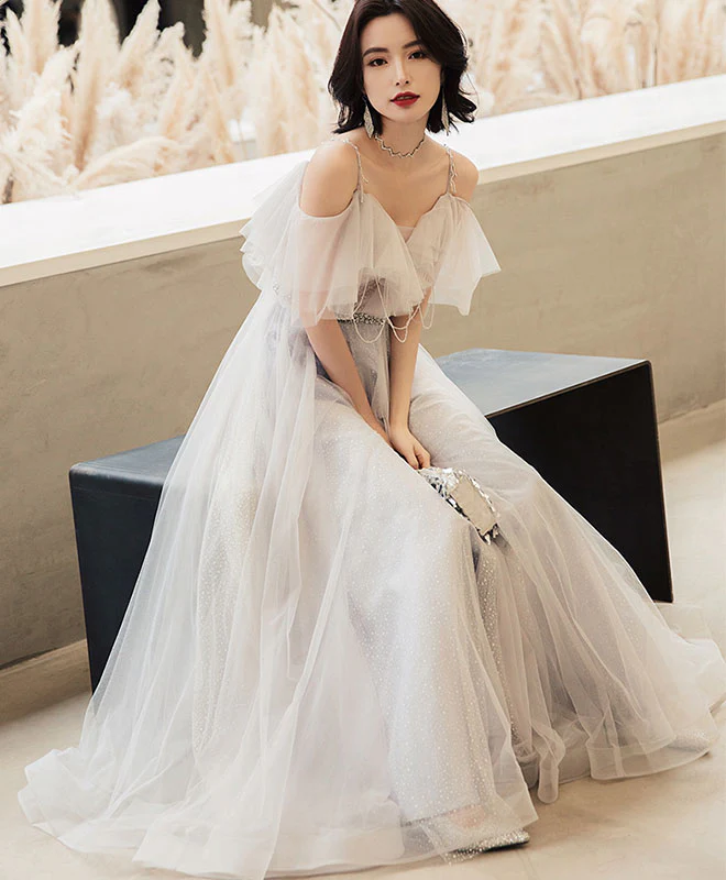 Elegant Off Shoulder Tulle Long Prom Dress, Tulle Evening Dress - Deanwangkt