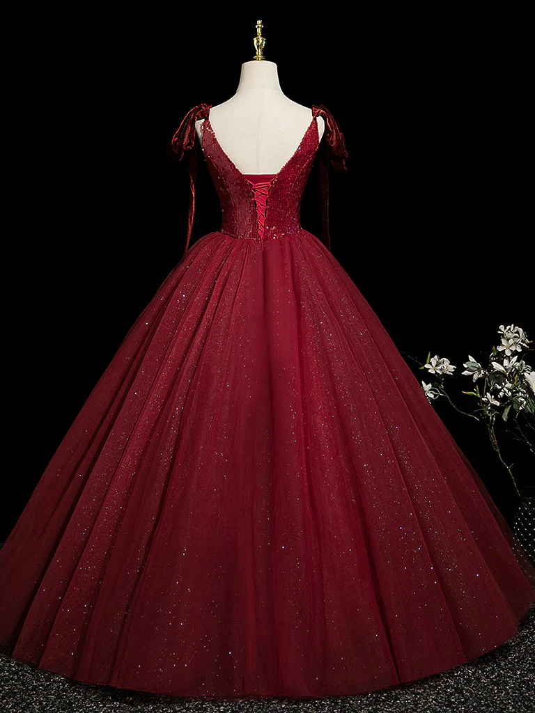 A-Line V Neck Tulle Sequin Burgundy Long Prom Dress, Burgundy Long Evening Dress - Deanwangkt