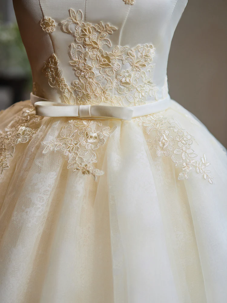 A-Line Off Shoulder Tulle Lace Short Champagne Prom Dress, Champagne Homecoming Dress - Deanwangkt