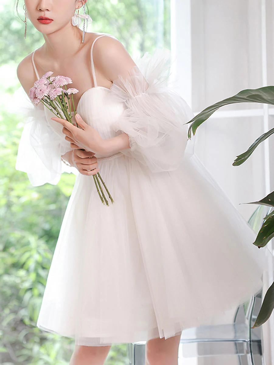 White Sweetheart Neck Tulle Short Prom Dress, Cute White Homecoming Dresses - Deanwangkt