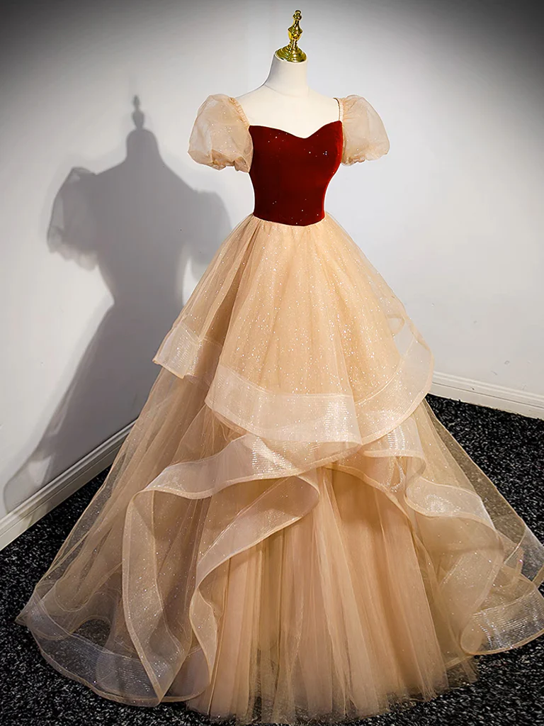 A-Line Tulle Velvet Champagne Long Prom Dress, Champagne Long Formal Dress - Deanwangkt