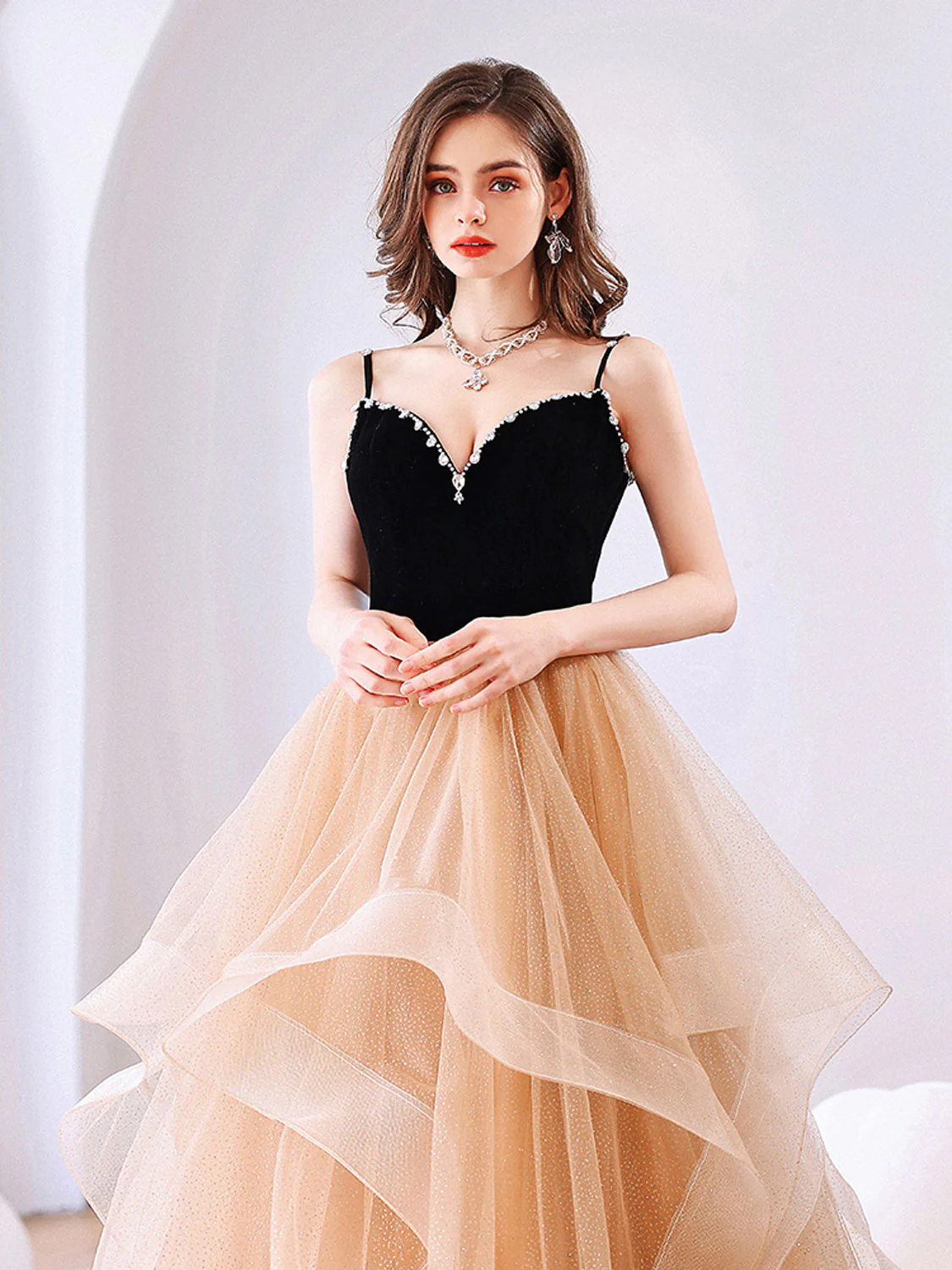 Champagne Tulle Long Prom Dresses, Champagne Tulle Formal Graduation Dresses - Deanwangkt