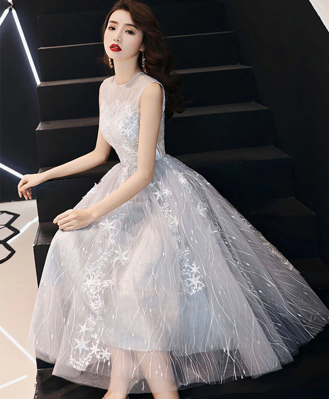 Gray Tulle Lace Short Prom Dress, Gray Homecoming Dress - Deanwangkt