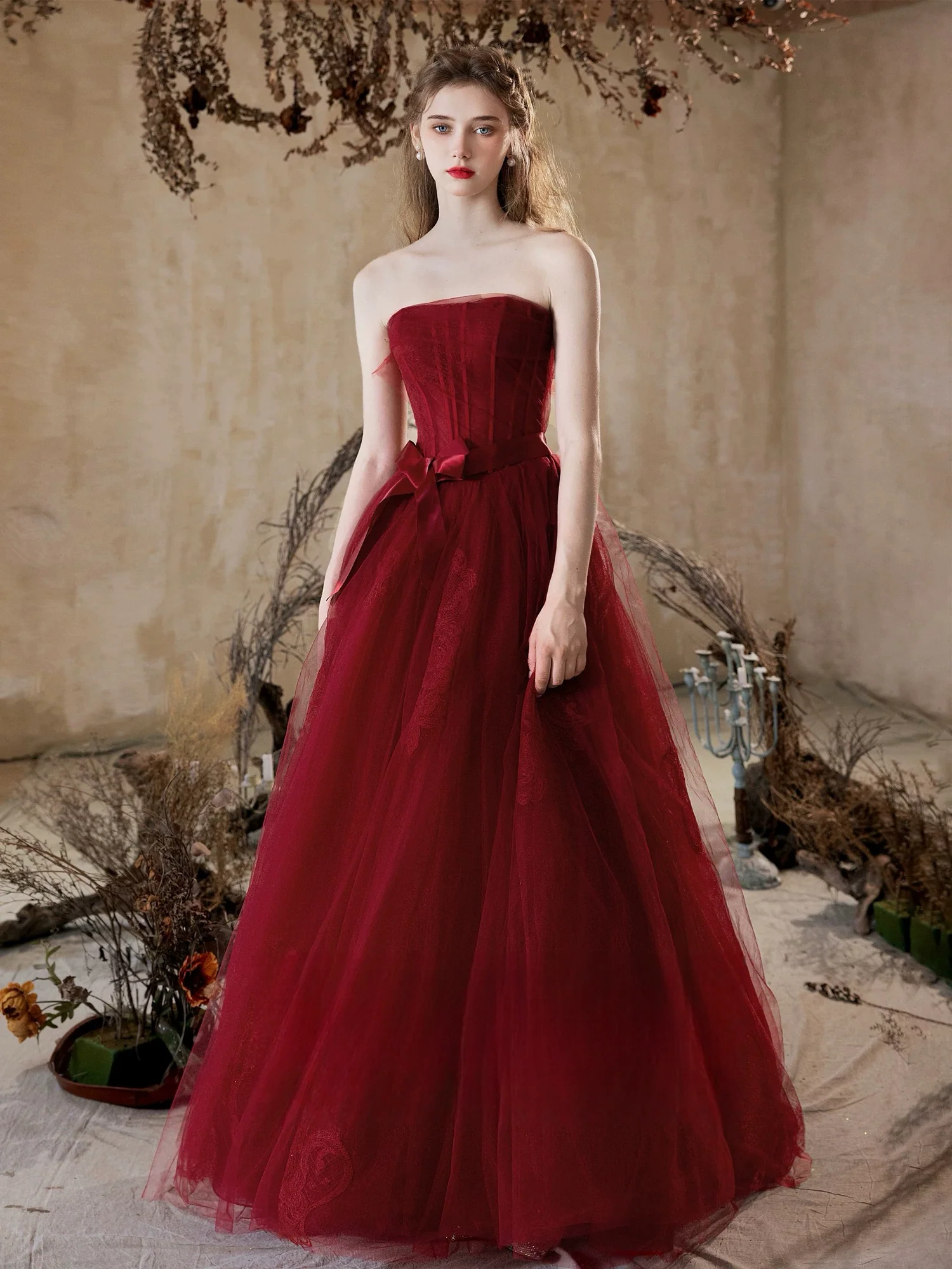 A-Line Tulle Lace Burgundy Long Prom Dress, Burgundy Long Graduation Dress - Deanwangkt