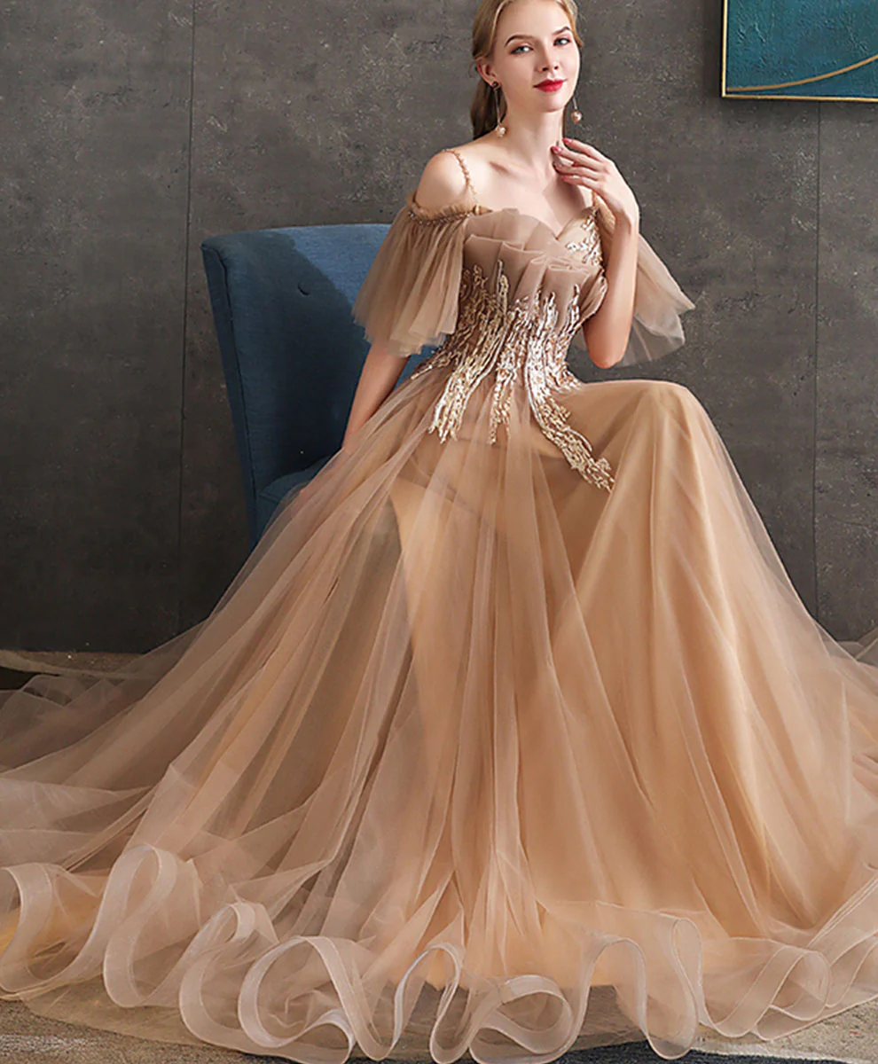 Champagne Tulle Lace Long Prom Dress Tulle Formal Dress - Deanwangkt