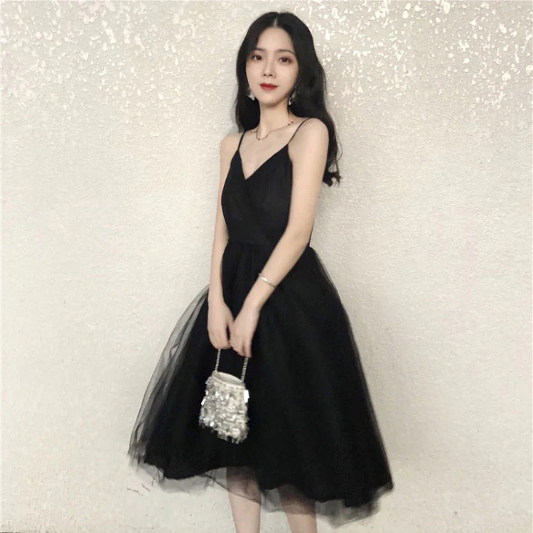 Black V Neck Tulle Short Summer Dress Black Prom Dress - Deanwangkt