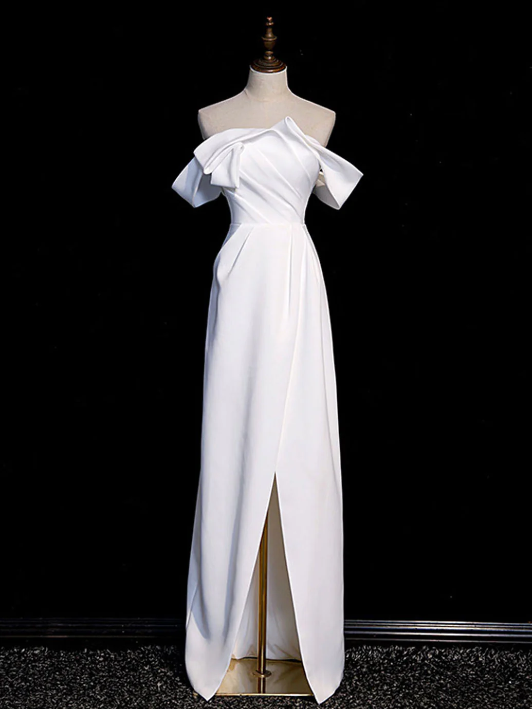 Simple White Off Shoulder Satin Long Prom Dress, White Long Formal Dress - Deanwangkt