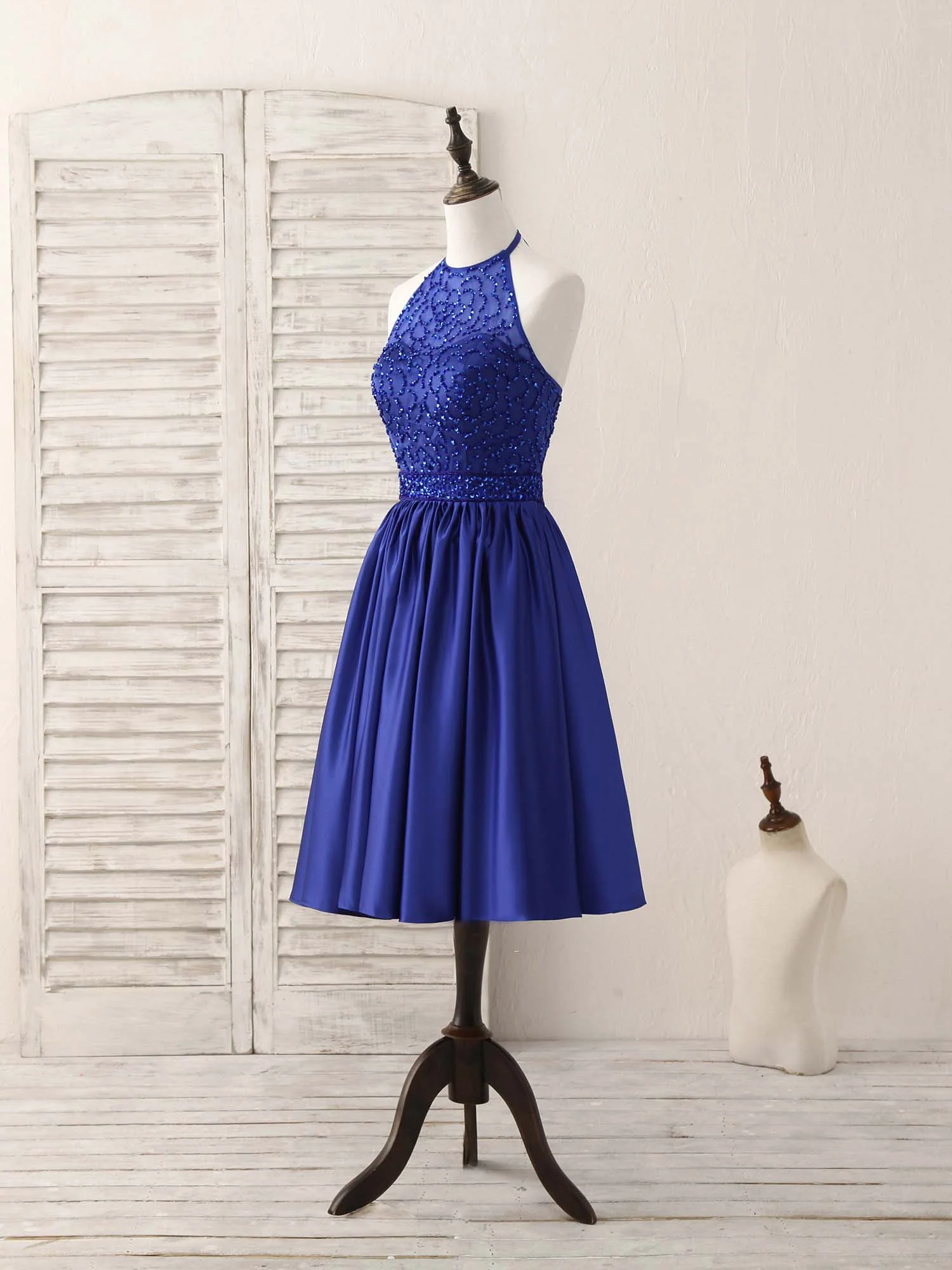 Royal Blue Satin Beads Short Prom Dress Blue Homecoming Dress - Deanwangkt