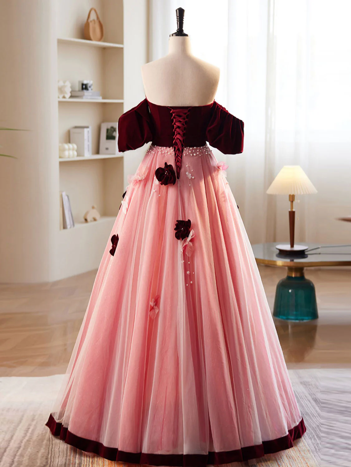 A-Line Burgundy/Pink Tulle Velvet Long Prom Dress, Burgundy Formal Dress - Deanwangkt