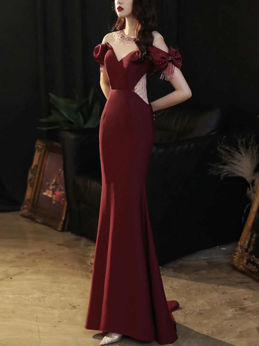 Burgundy Round Neck Satin Mermaid Long Prom Dress Burgundy Formal Dress - Deanwangkt