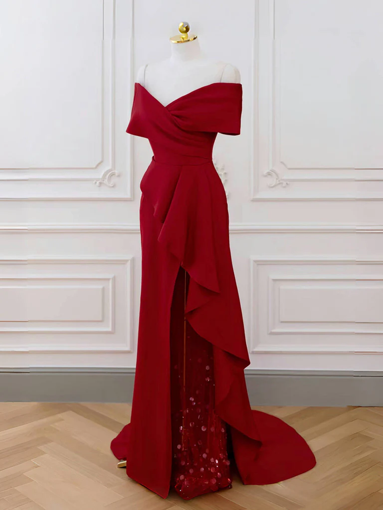 A-Line V Neck Off Shoulder Burgundy Long Prom Dress, Burgundy Long Formal Dress - Deanwangkt