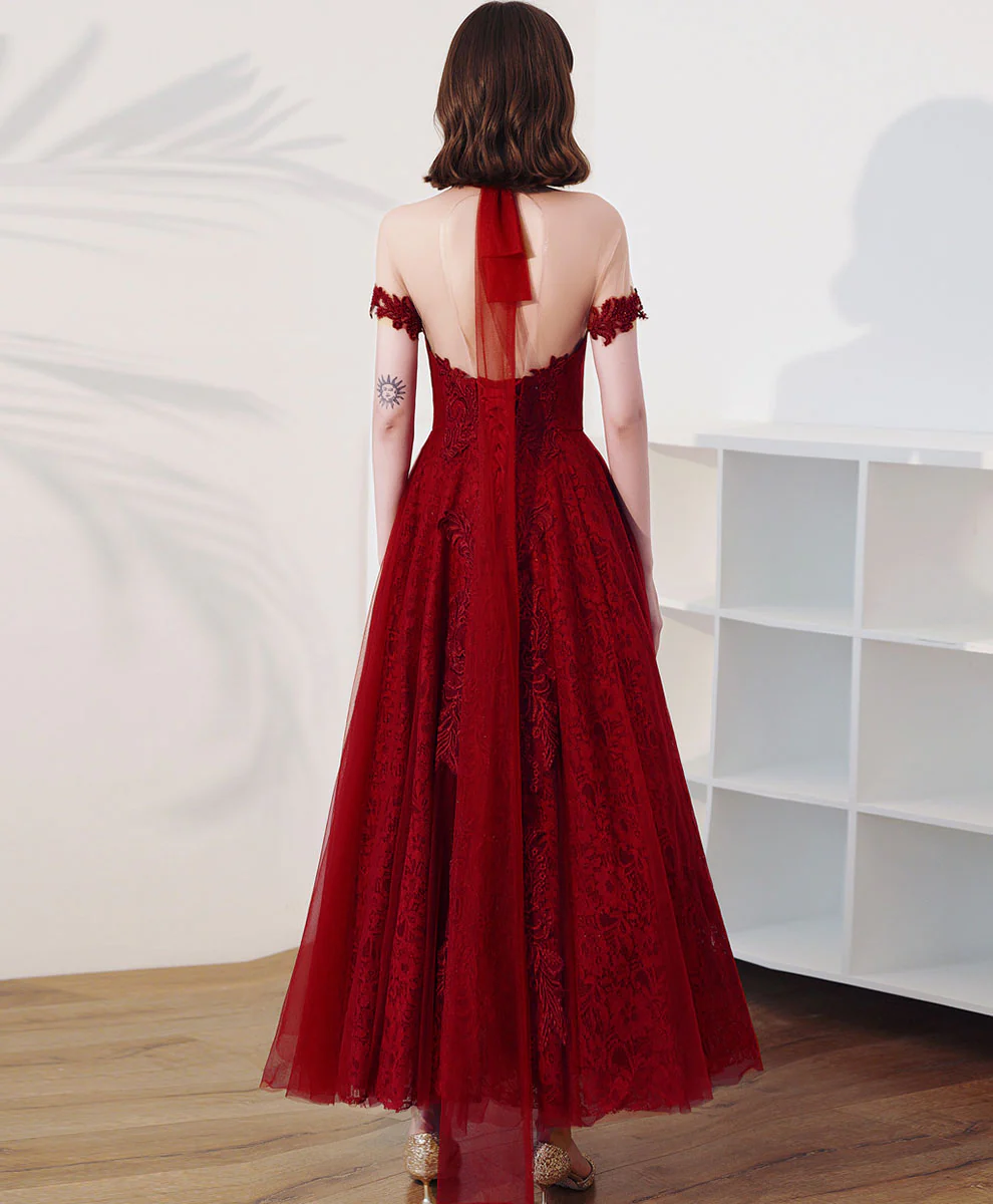 Burgundy High Neck Tulle Lace Tea Length Prom Dress, Lace Formal Evening Dress - Deanwangkt