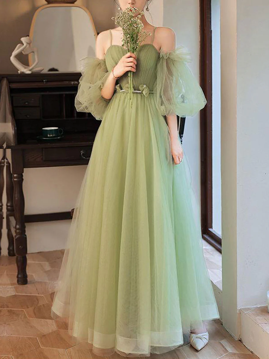 Simple A line Green Long Prom Dress, Green Tulle Bridesmaid Dress - Deanwangkt