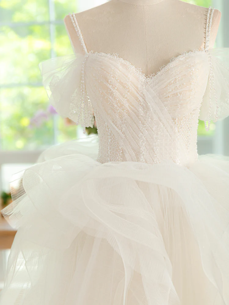 Sweetheart Neck Tulle Beads Light Champagne Long Prom Dress, Light Champagne Formal Dress - Deanwangkt