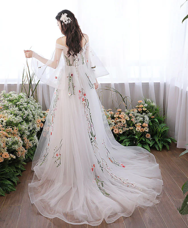 White V Neck Tulle Lace Applique Long Prom Dress, White Evening Dress - Deanwangkt