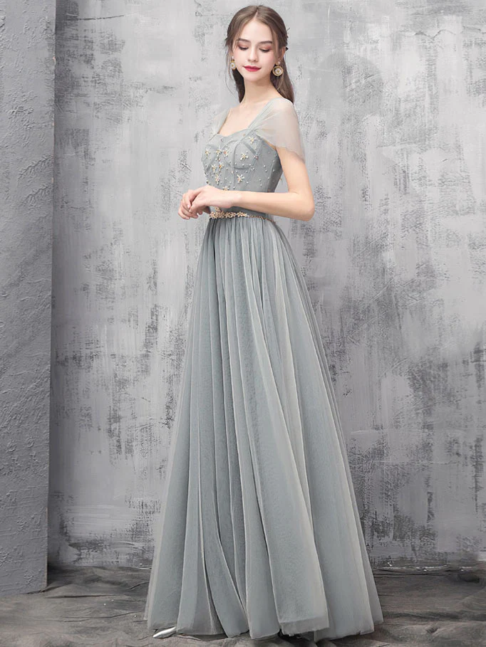 Gray A-line Off Shoulder Tulle Beads Long Prom Dress, Gray Evening Dress - Deanwangkt