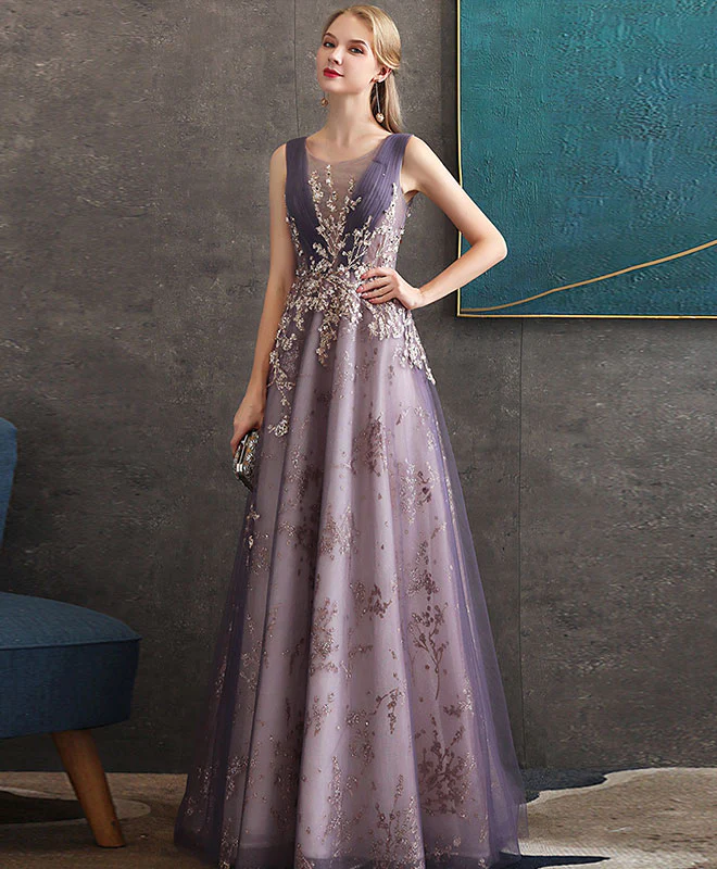 Purple Round Neck Tulle Lace Long Prom Dress Purple Evening Dress - Deanwangkt