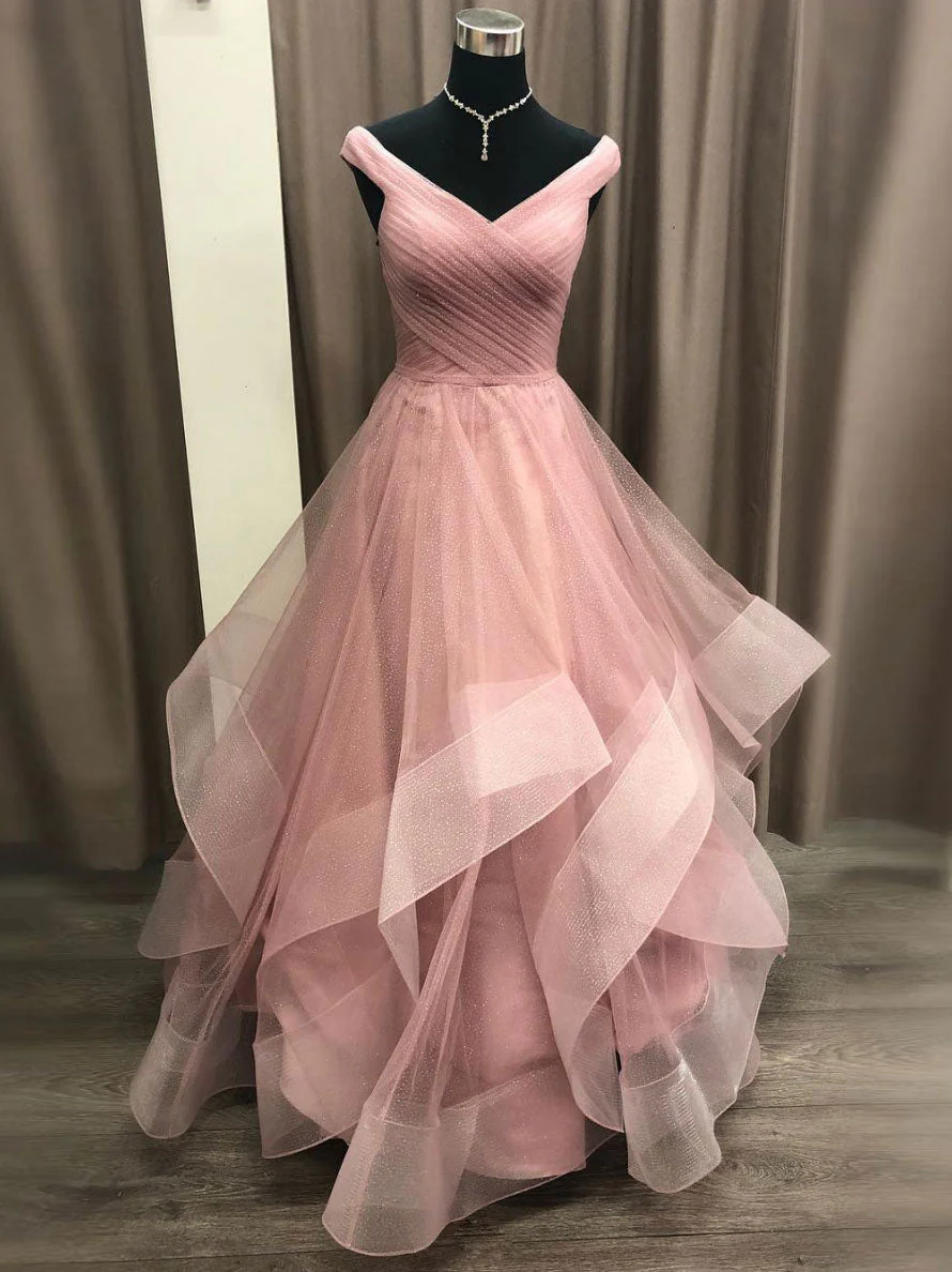 Simple V Neck Tulle Long Pink Prom Dress, Pink Tulle Formal Dresses - Deanwangkt