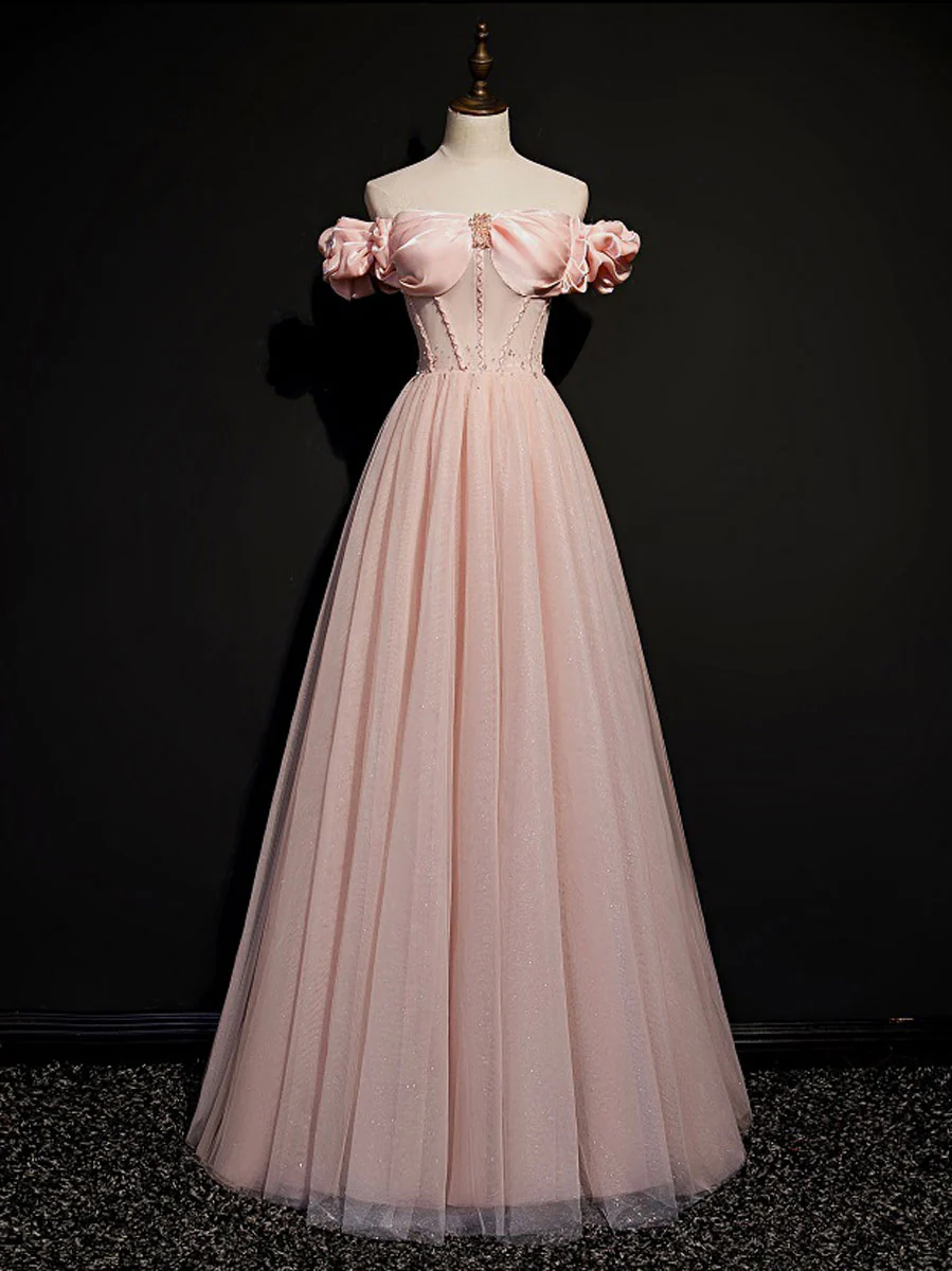 A line Pink Long Prom Dresses, Pink Tulle Formal Graduation Dresses With Beading - Deanwangkt