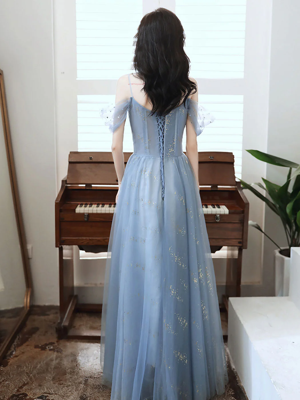 A line Off Shoulder Sequin Blue Long Prom Dress, Blue Long Party Evening Dresses - Deanwangkt
