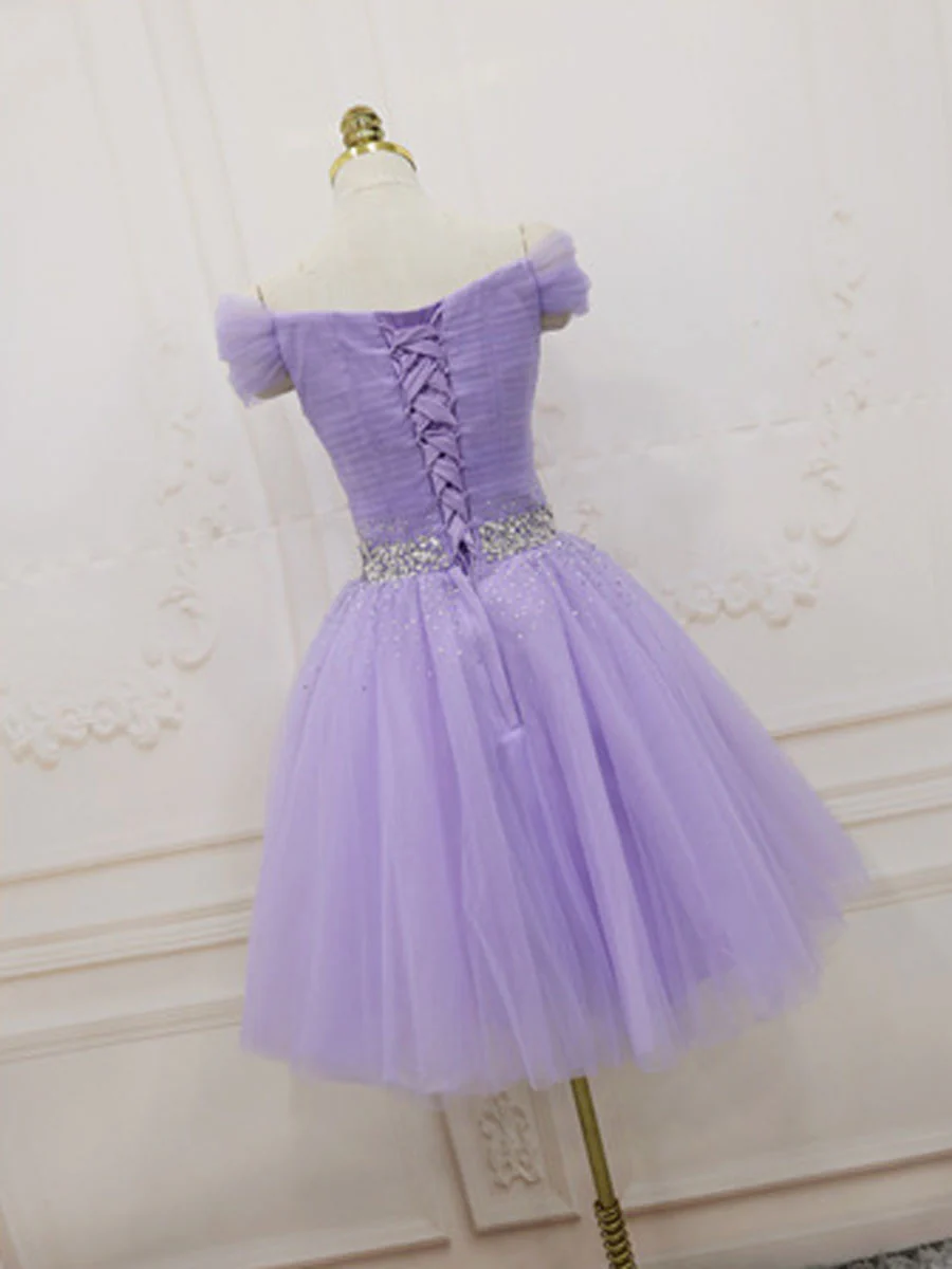 Purple Off Shoulder Tulle Sequin Prom Dress Purple Puffy Homecoming Dress - Deanwangkt