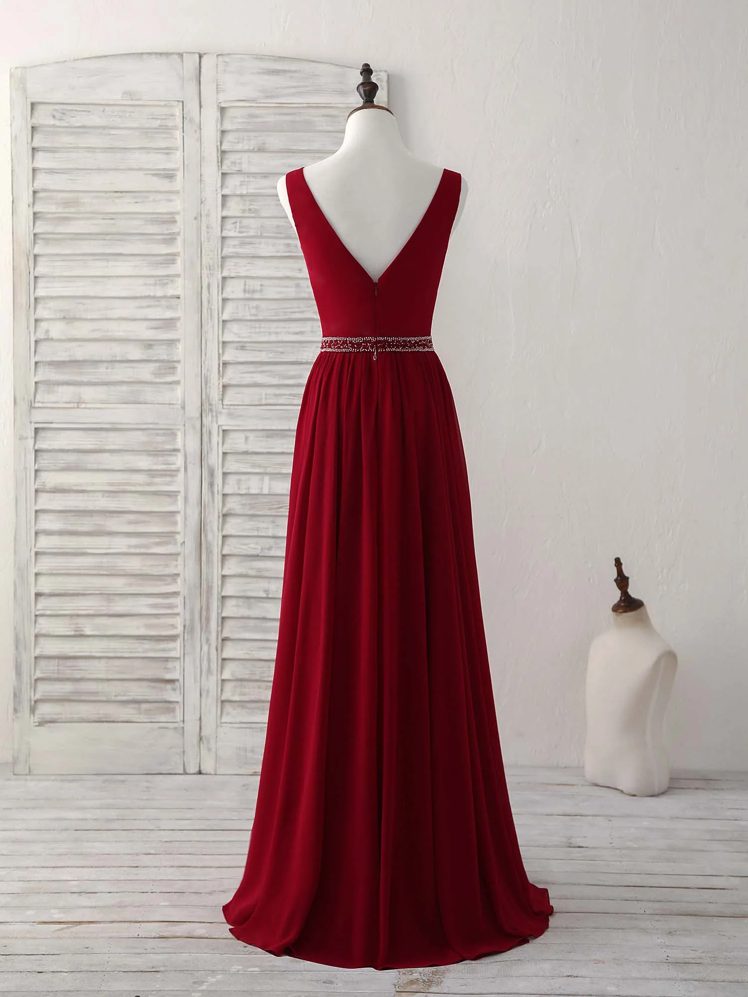 Burgundy Chiffon V Neck Beads Long Prom Dress Burgundy Evening Dress - Deanwangkt