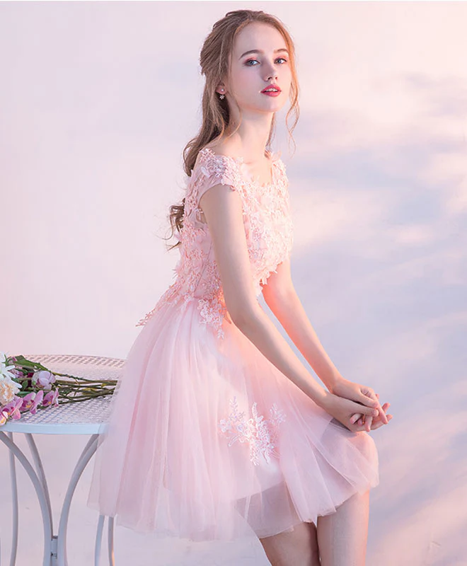 Pink Lace Tulle Short Prom Dress, Lace Pink Cute Homecoming Dresses - Deanwangkt