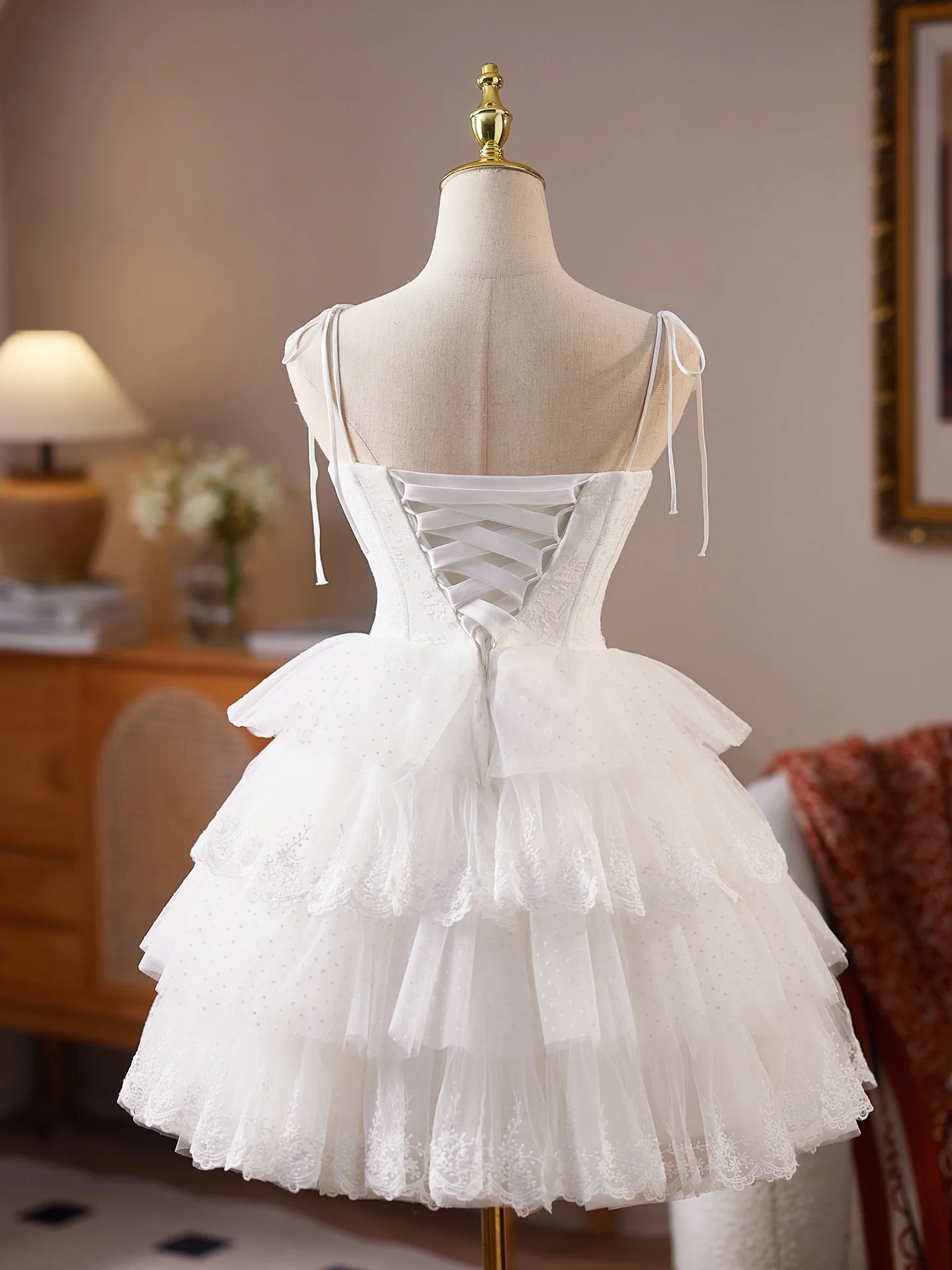 A-line Sweetheart Neck Tulle Lace White Short Prom Dress, White Homecoming Dress - Deanwangkt