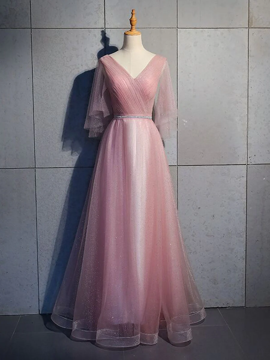 Simple V Neck Tulle Sequin Long Prom Dress, A line Tulle Evening Dresses - Deanwangkt
