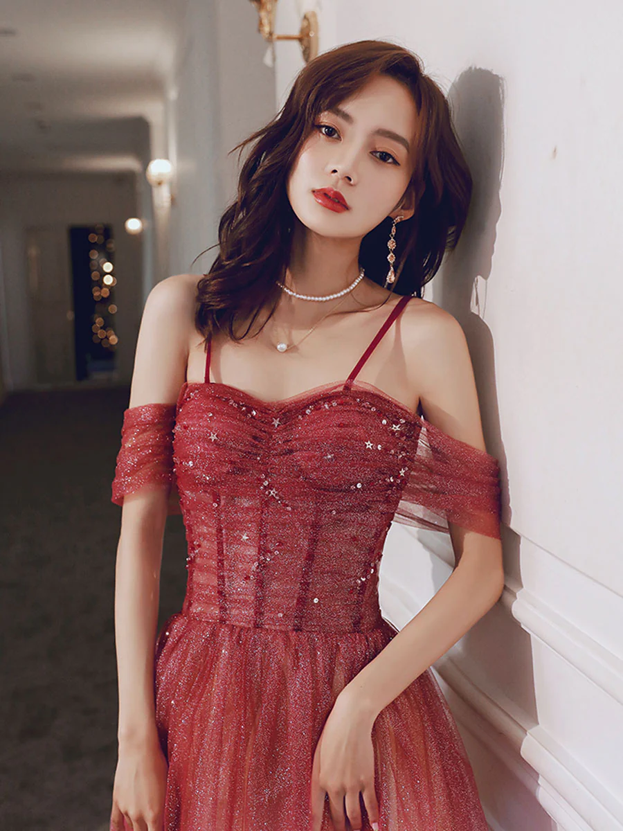 A line Sweetheart Neck Tulle Long Prom Dress Burgundy Off Shoulder Evening Dress - Deanwangkt