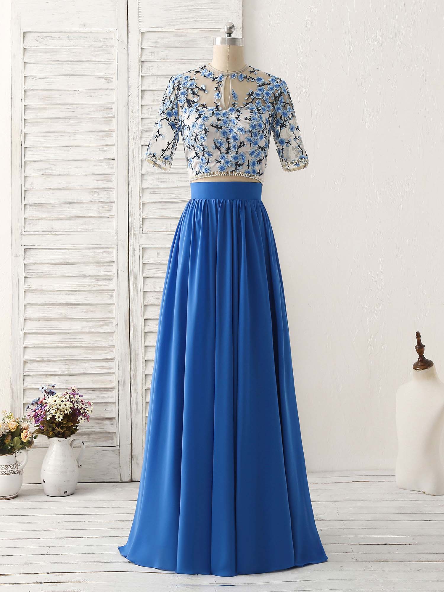 Unique Blue Two Pieces Long Prom Dress Applique Formal Dress - Deanwangkt