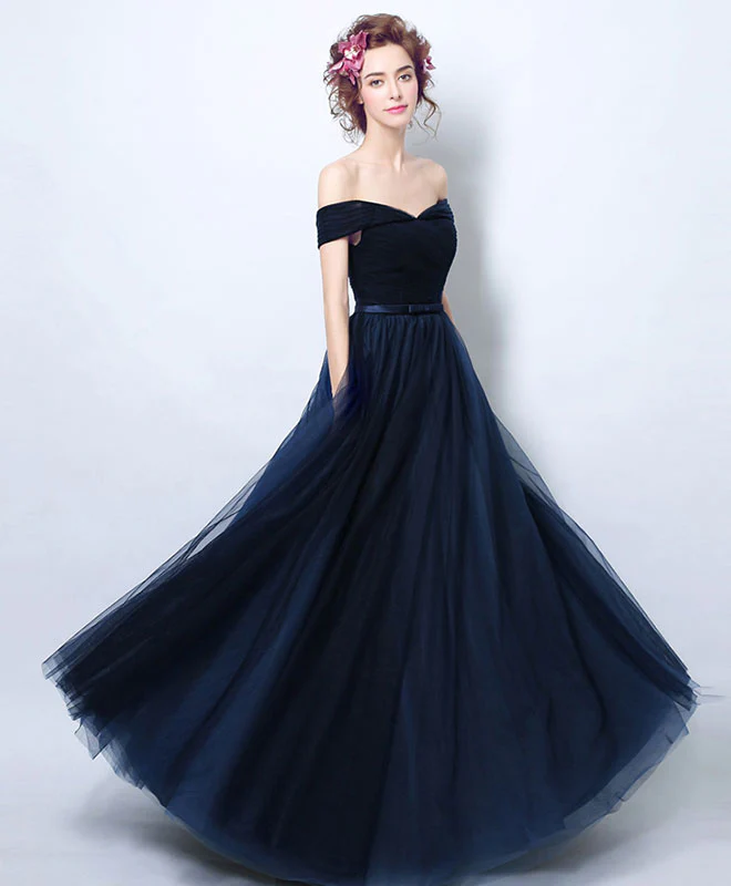 Dark Blue Tulle Long Prom Dress, Blue Tulle Bridesmaid Dress - Deanwangkt