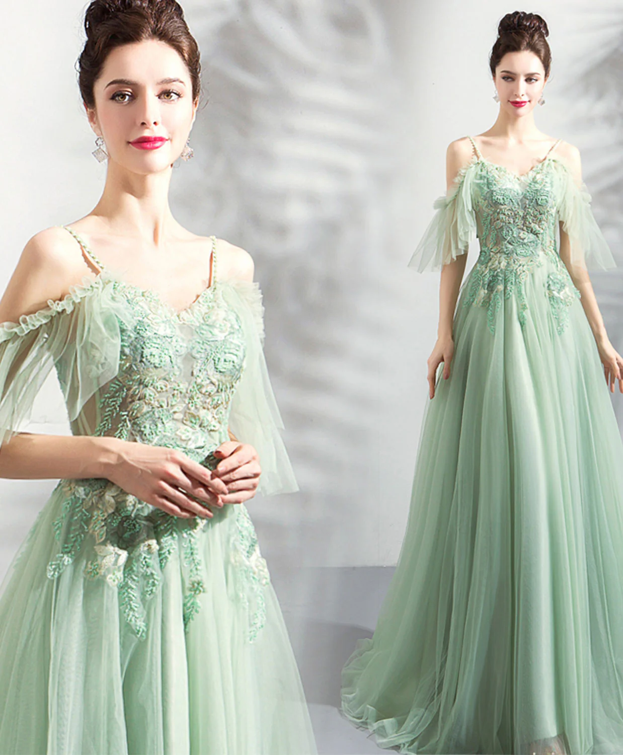 Green Tulle Off Shoulder Long Prom Dress, Green Tulle Evening Dress - Deanwangkt