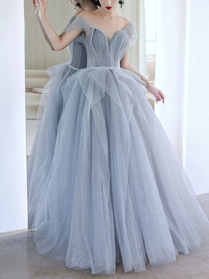 Gray Tulle Off Shoulder Long Prom Dress, Gray Tulle Formal Dress - Deanwangkt