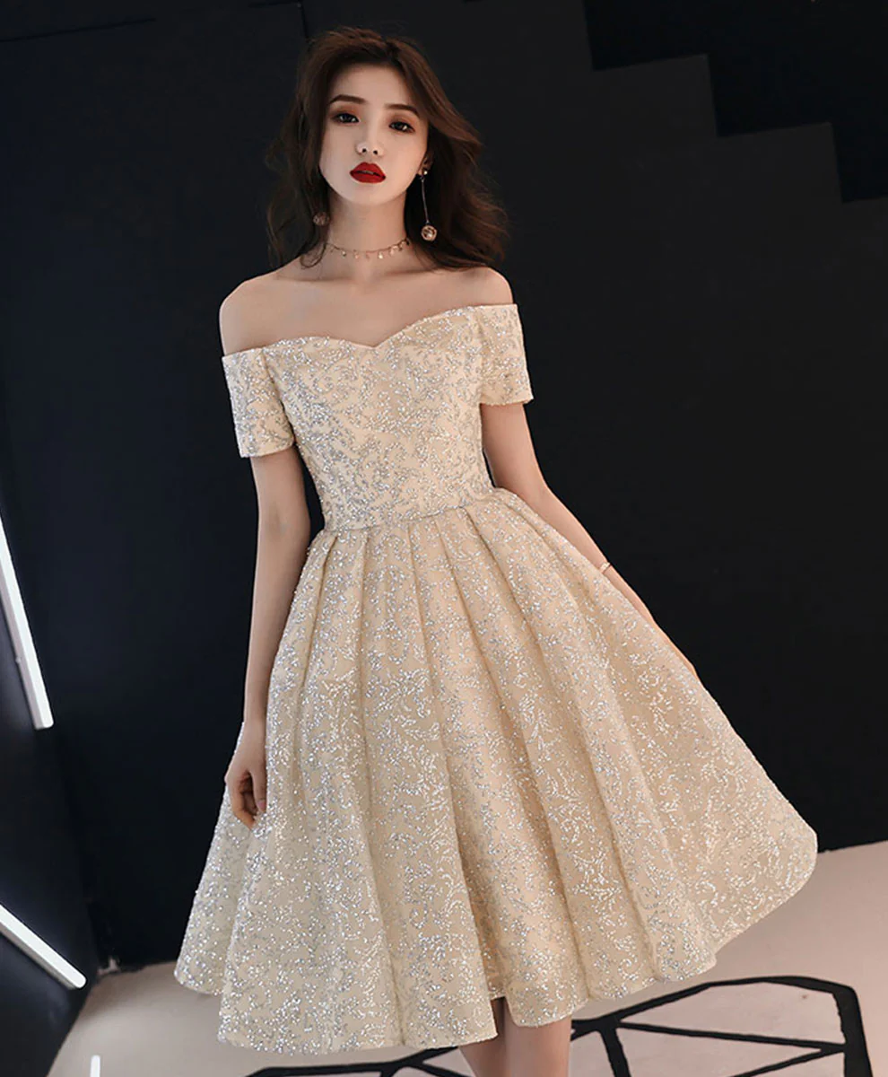 Champagne Sweetheart Tulle Sequin Prom Dress, Champagne Homecoming Dress - Deanwangkt